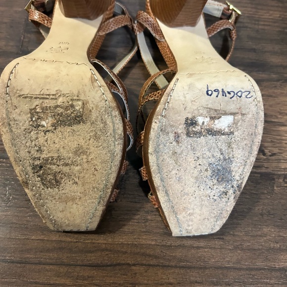 Via Spiga Brown/Tan Strappy Slingback Snakeskin Patterned Chunky Wood Heel SZ 6 - Picture 5 of 9